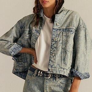 We The Free People Jacquard Letters Denim Jacket Size Medium
